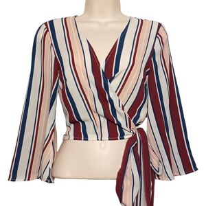 FOREVER 21 Peach Tan Red Blue White Stripe Print Wide Sleeve Wrap Top Small